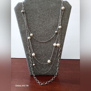 Premier Designs Necklace "Fashion Sense" Faux pearls multistrand silver chain